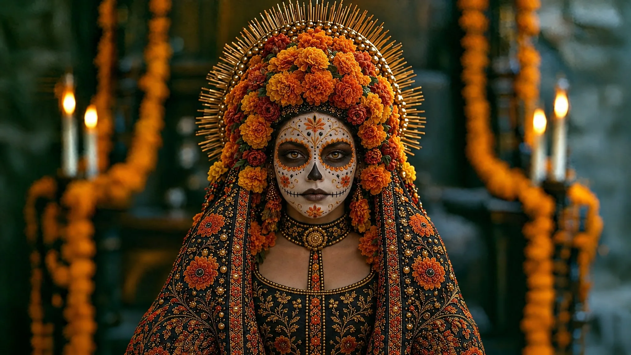 The calavera woman in the copal smoke, crowned in marigolds.