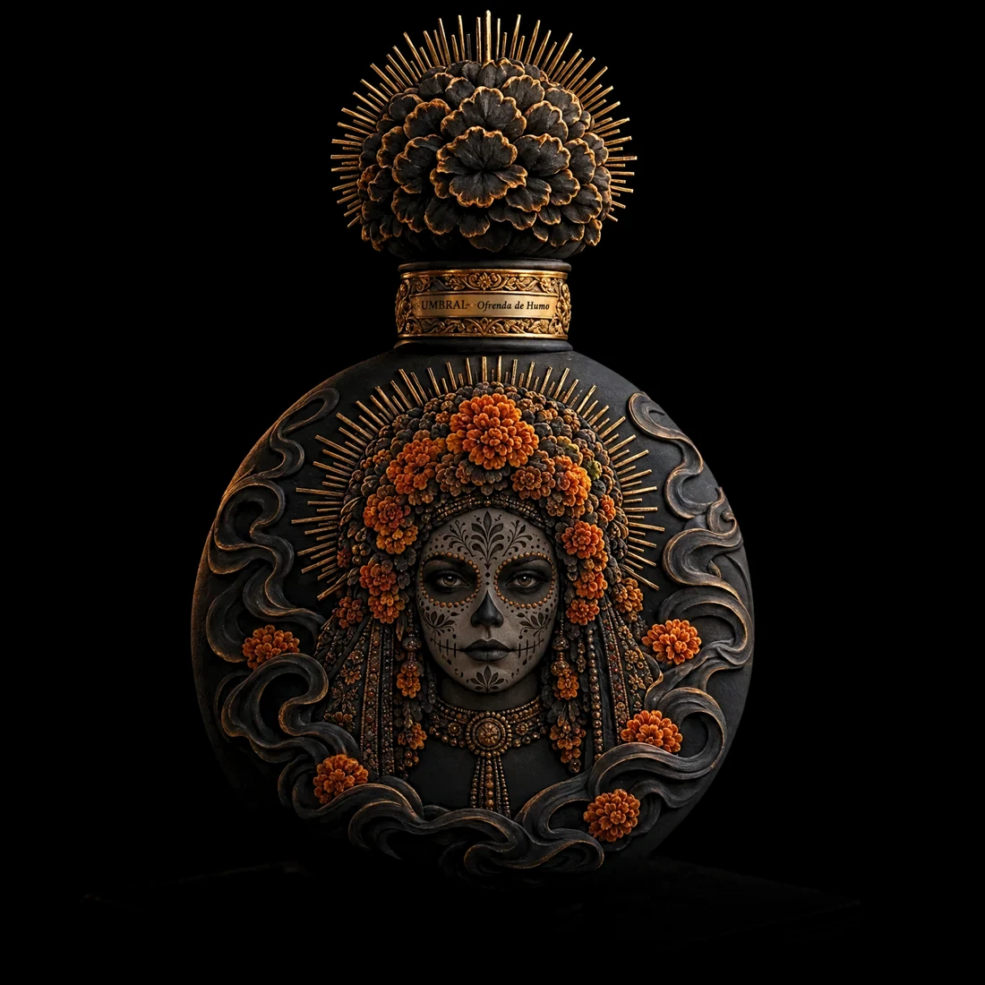 The Ofrenda de Humo bottle in black clay, the calavera face carved in relief with marigolds and smoke