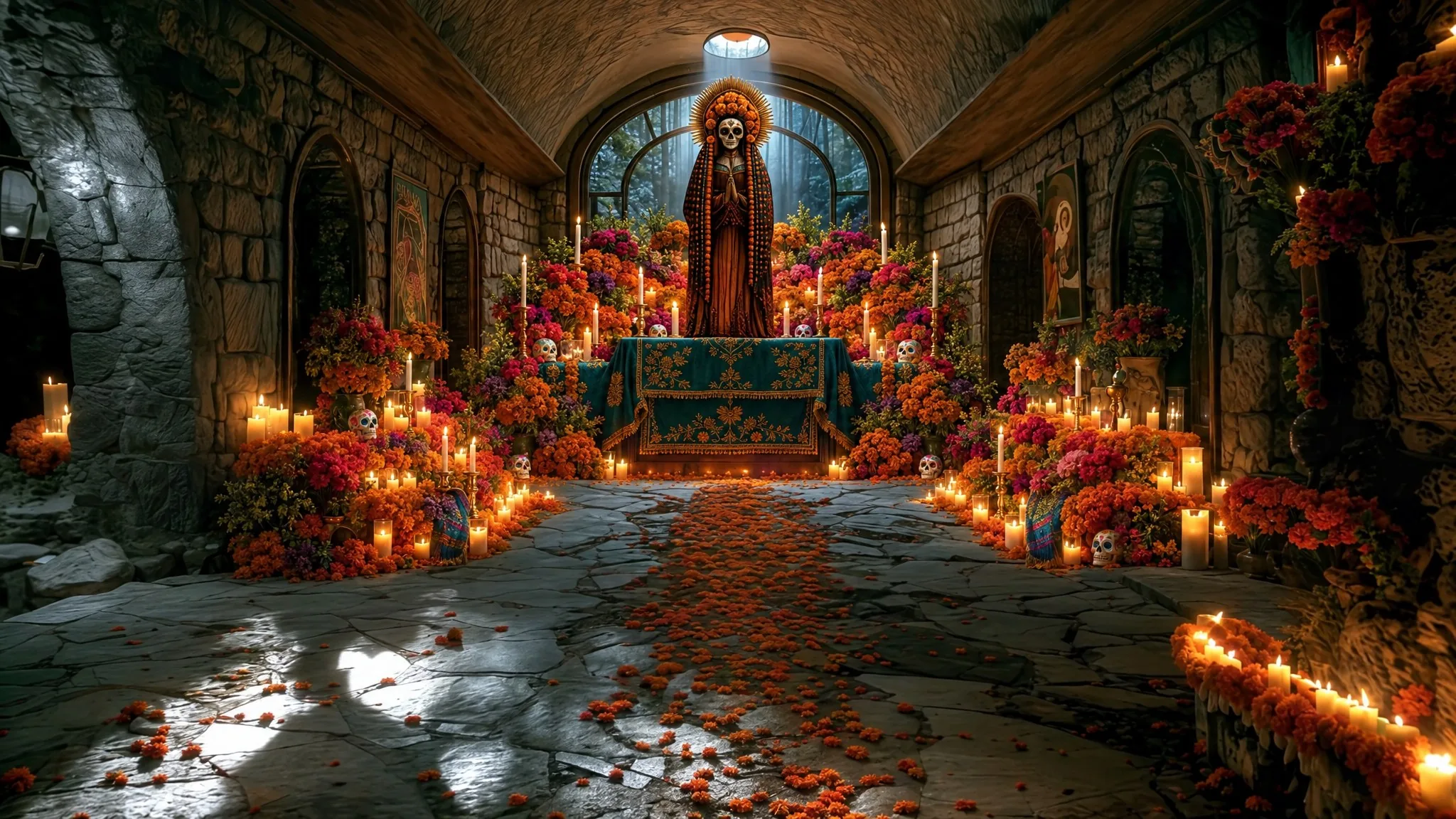 Mina's chapel, a path of marigold petals leading to the calavera statue at the altar.
